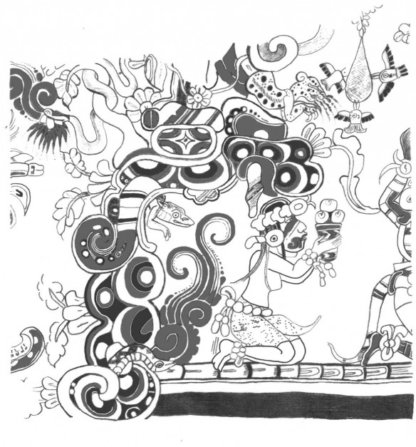 Figure 1: Flower Mountain, the paradise of creation, from the murals of San Bartolo, Guatemala (ca. 100 BC). (Drawing by Traci Wright after Heather Hurst from The Murals of San Bartolo, El Petén, Guatemala Part 1: The North Wall, 2005:8)