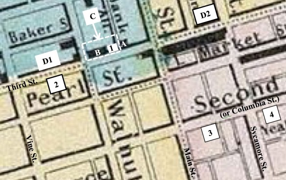 Figure 10: 1855 Colton Map of Cincinnati, Ohio, cartography by Joseph Hutchins Colton (George Washington Colton, Colton’s Atlas of the World Illustrating World and Political Geography, Vol. 1, New York: J. H. Colton & Co., 1855). A: Lafayette-Franklin Bank building (1836–1931) 1: First Masonic building (used as such, 1824–1845), Post Office (1824–1836), Delafield & Burnet (1839–1840/41), and Glezen & Shepard/Shepard & Stearns (1839–1840/41) B: Second Masonic building (1845–1858) and Post Office (June 24, 1845, to May 2, 1849) C (Dashed white rectangle): Third Masonic Temple (1859–1928). Required razing of both 1 and B D1: Post Office (1836–Nov. 1841) D2: Post Office (Nov. 1841–June 24, 1845) 2: Shepard & Stearns and Shepard & Co. (1844–45)