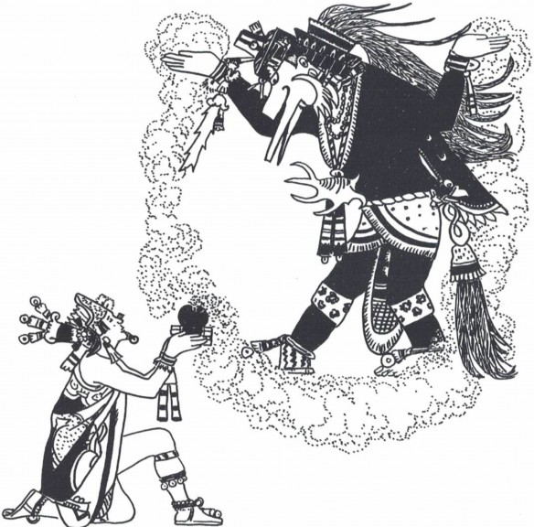 Figure 4: Montezuma using incense clouds to conjure the deity Ehecatl-Quetzalcoatl (drawing by D. Wirth)