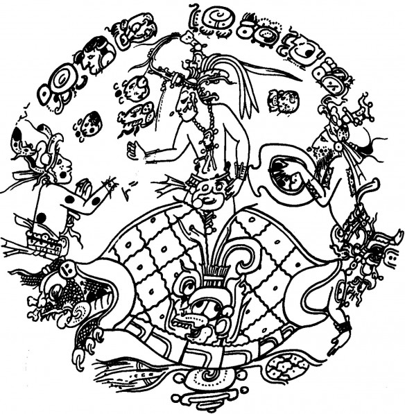 Figure 6: The resurrection of Hun Nal Ye, the Maize God, from a turtle carapace, painted on a Maya vessel (drawing by D. Wirth)