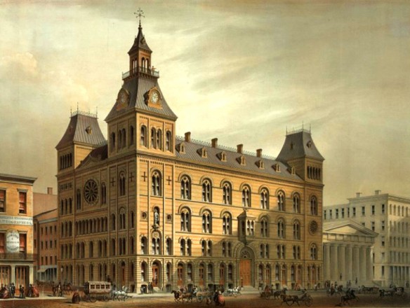 Figure 8: [Third] Masonic Temple, 1859, chromolithograph. The First Temple was previously located just to the left of the colonnaded Lafayette-Franklin Bank building at right. Courtesy of the Library of Congress.