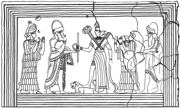 Figure 3. Culminating Rites of Royal Investiture. Line drawing of a detail from the upper central portion of the Mari Investiture Panel, Tel Hariri, Syria, ca. 1800-1760 bce (Image courtesy of Oxford University Press)