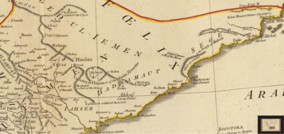 Dofar region detail on the 1794 D’Anville map of Arabia by Laurie and Whittle.
