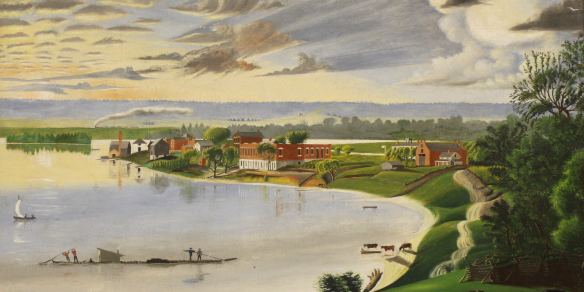 Figure 8. David Hyrum Smith, 1844-1904: Bend in the River, 1868 (detail). The back of the Red Brick Store can be seen slightly to the left of center, above the unfinished foundation of the Nauvoo House95