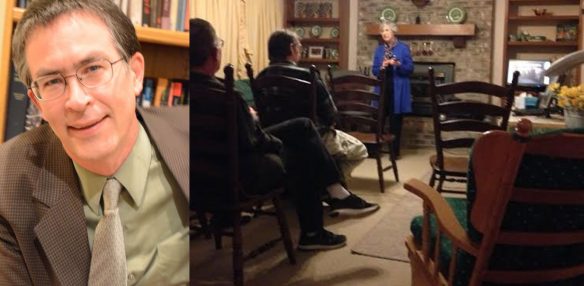 Figures 9 a and b. a. Stephen H. Webb, 1961–2016. b. Ruth Ellen Homer discusses the restoration of priesthood keys by Peter, James, and John at a meeting on 18 February 2016, with Stephen Webb seated at far left.