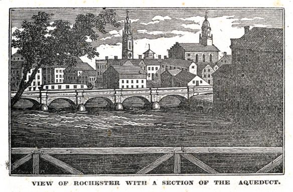 Figure 4. 1830 engraving shows the Erie Canal aqueduct passing over the Genesee River in Rochester.17