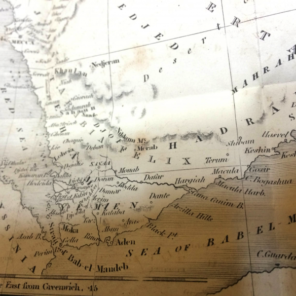 Figure 5. A section of Josiah Conder’s 1825 map of Arabia from The Modern Traveler, courtesy of Rooke Books, Bath, England. The Nikkum Mountains are near the center, northeast of Sanaa.