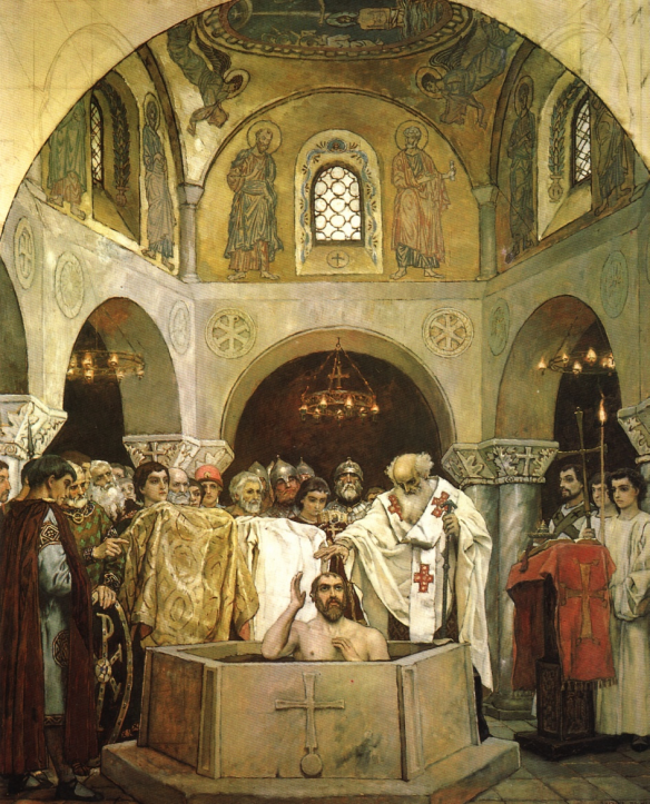 Figure 21. Viktor Vasnetsov (1848–1926): The Baptism of Saint Prince Vladimir, 1890. “Attendants hold Vladimir’s golden royal robes, which he has removed, and the simple white baptismal robe, which he will put on.”