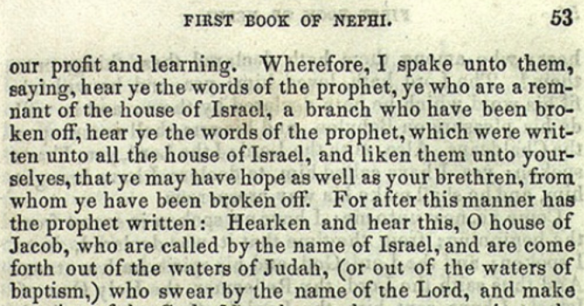 Figure 25. 1 Nephi VI [1 Nephi 20:1], 1840 Edition of the Book of Mormon, p. 53.