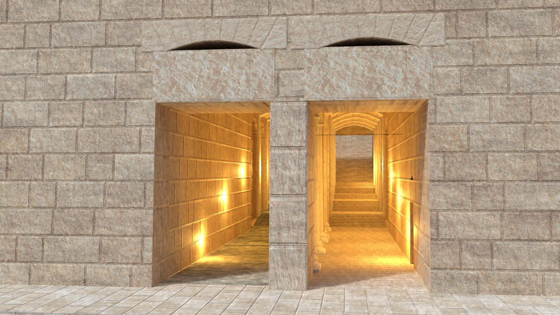 The lit interior of the staircase that led down from the temple area to the Hulda Gates